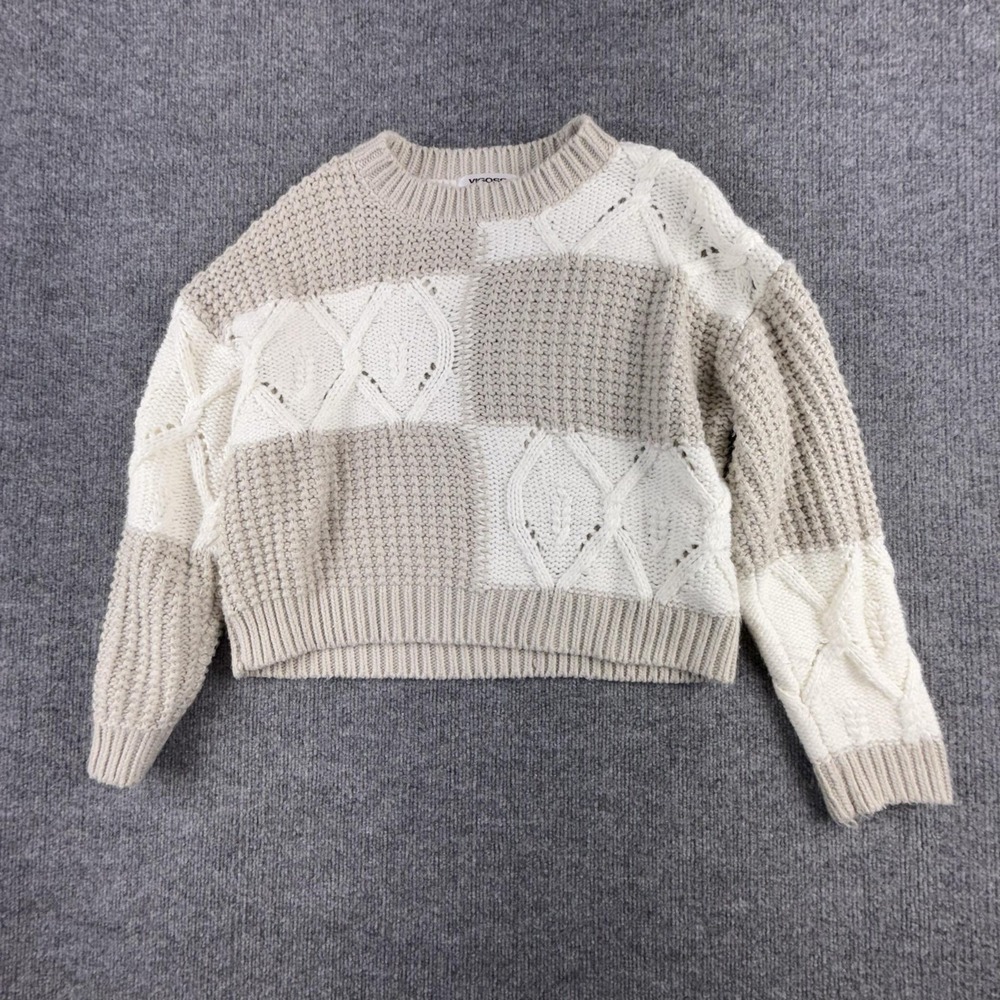VIGOSS Sweater Womens Medium Beige Colorblock Cable Knit Pullover Crewneck